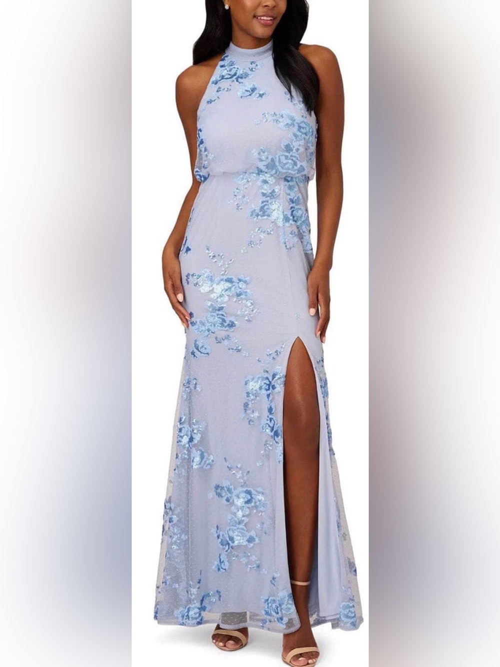 Adrianna Papell Light Blue Floral Embroidered Maxi Dress size 10 halter slit
